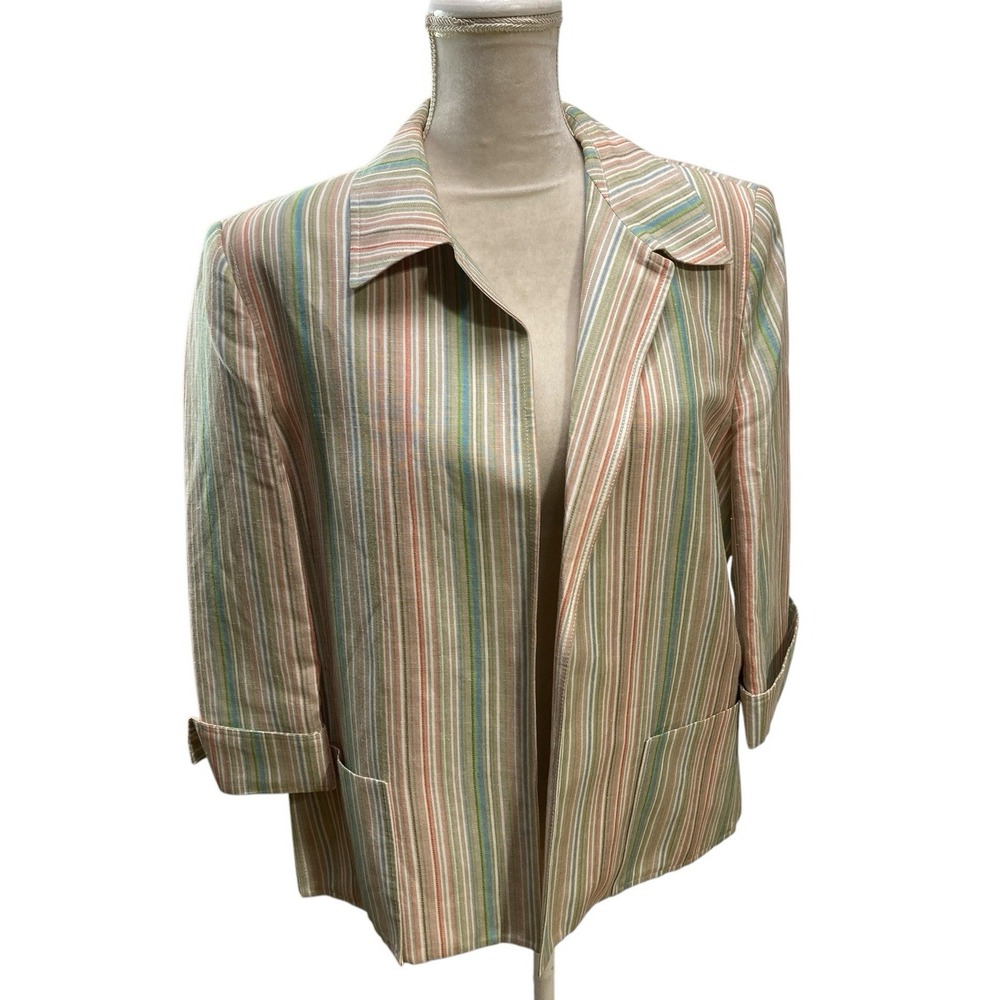AK Anne Klein Size 16 Striped Blazer Jacket Career Office Linen Rayon Beige Blue